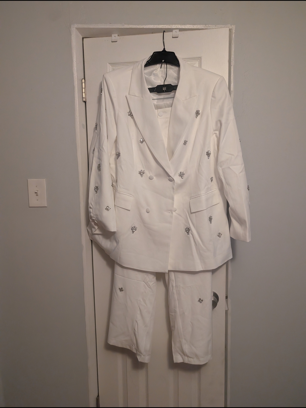 White Embellished Double-Breasted Blazer and Trouser Set